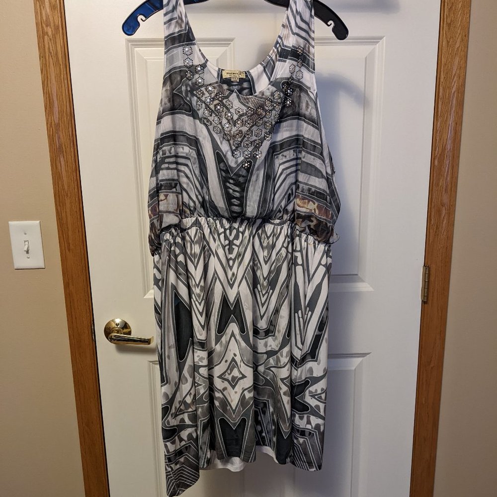 One World Women's Pattern Embellished Collar Elastic Waist Sleeveless Dress